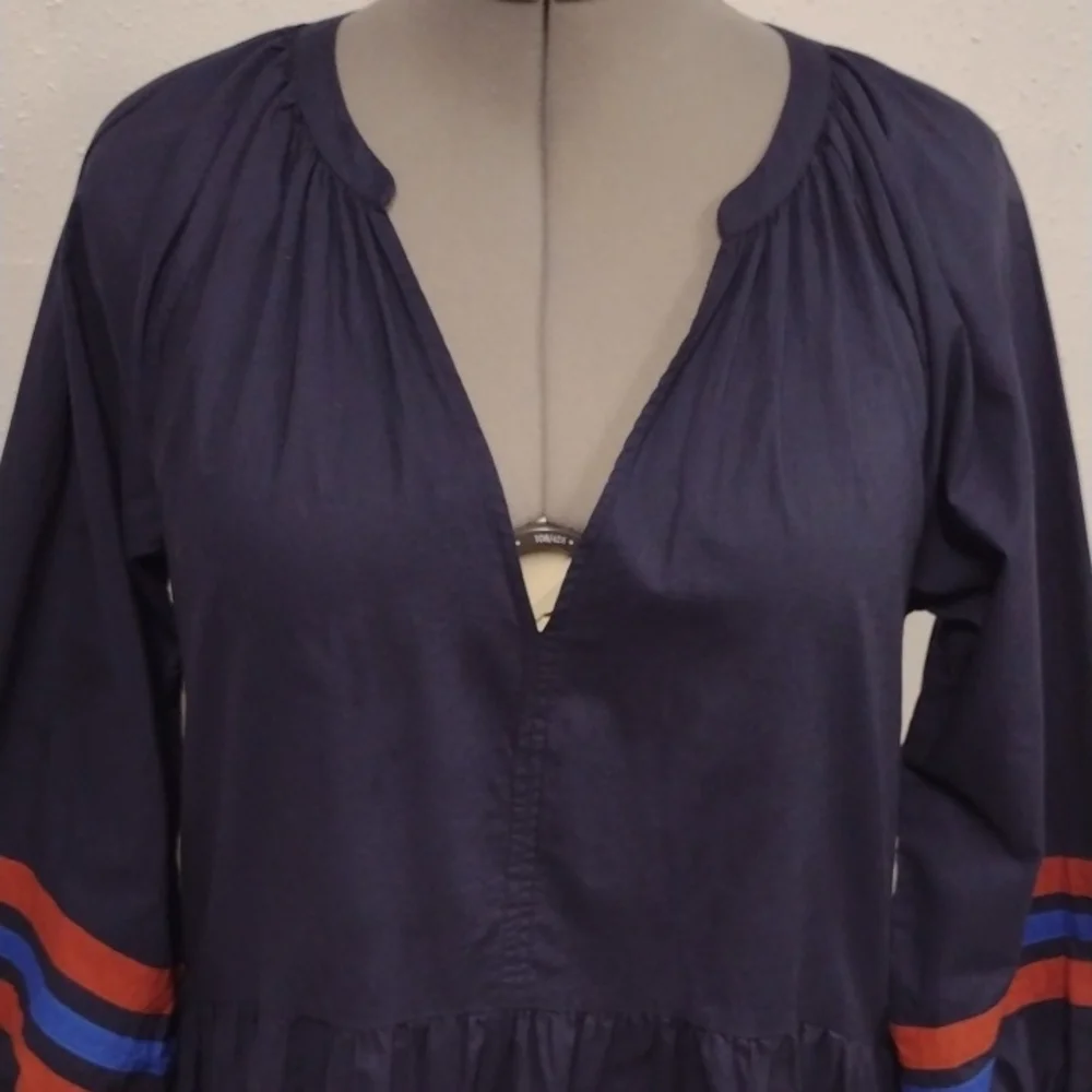Sundry 100% Cotton Navy Midi Dress with Red and Blue Accents Boho BohemianCasual - Picture 4 of 12